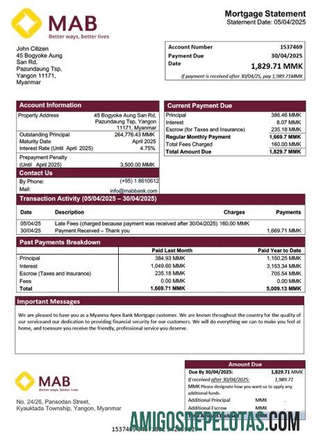 realista Modelo Word e PDF de extrato de hipoteca do Myanma Apex Bank